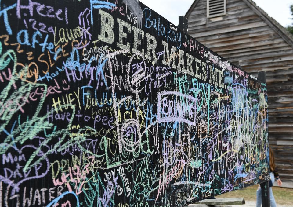 A chalkboard is covered in writing at the Good Beer Festival Saturday, Oct. 9, 2021, at Pemberton Park in Salisbury, Maryland. The two day craft beer festival offered local beers, music, games and food,