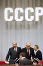 FILE – Russian Federation President Boris Yeltsin, left, and Soviet President Mikhail Gorbachev enter at the start of the closing session of the Congress of People's Deputies in Moscow, Russia on Thursday, Sept. 5, 1991. Gorbachev said Yeltsin was a driving force behind the collapse of the Soviet Union. (AP Photo/Alexander Zemlianichenko, File)