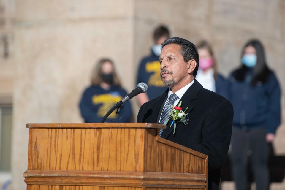Eppie Griego gives an address on the steps of the Pueblo County Courthouse after swearing-in for his first term as a Pueblo County commissioner on Tuesday January 12, 2021.