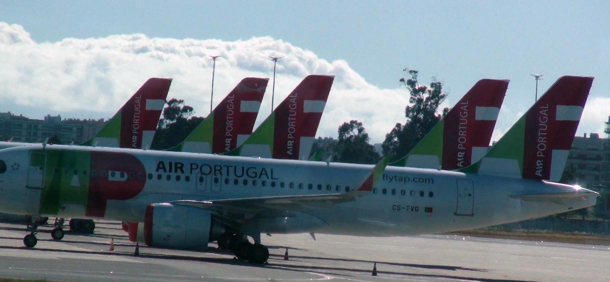 Scene Of Lots Of Packed TAP Air Portugal Passengers Airplane Due To COVID-19 Pandemic Lockdown At Lisbon International Airport In Portugal Europe