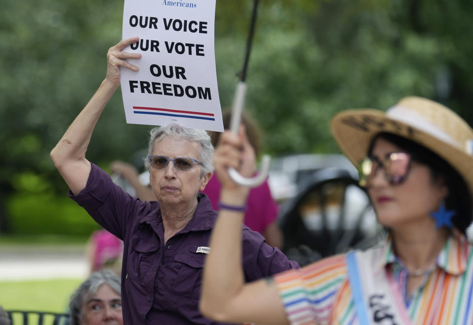 Supporters of voting rights join a rally on the steps of the Texas Capitol, Thursday, July 8, 2021, in Austin, Texas. (AP Photo/Eric Gay)