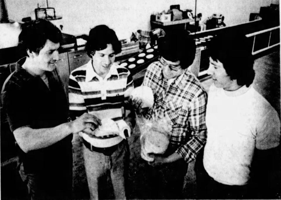 George Puentes, second from the left, is photographed with three of his brothers for a story that published in the May 12, 1979, Statesman Journal. They had recently launched Puentes Brothers Inc. and started making Don Pancho tortillas in Salem, Oregon.