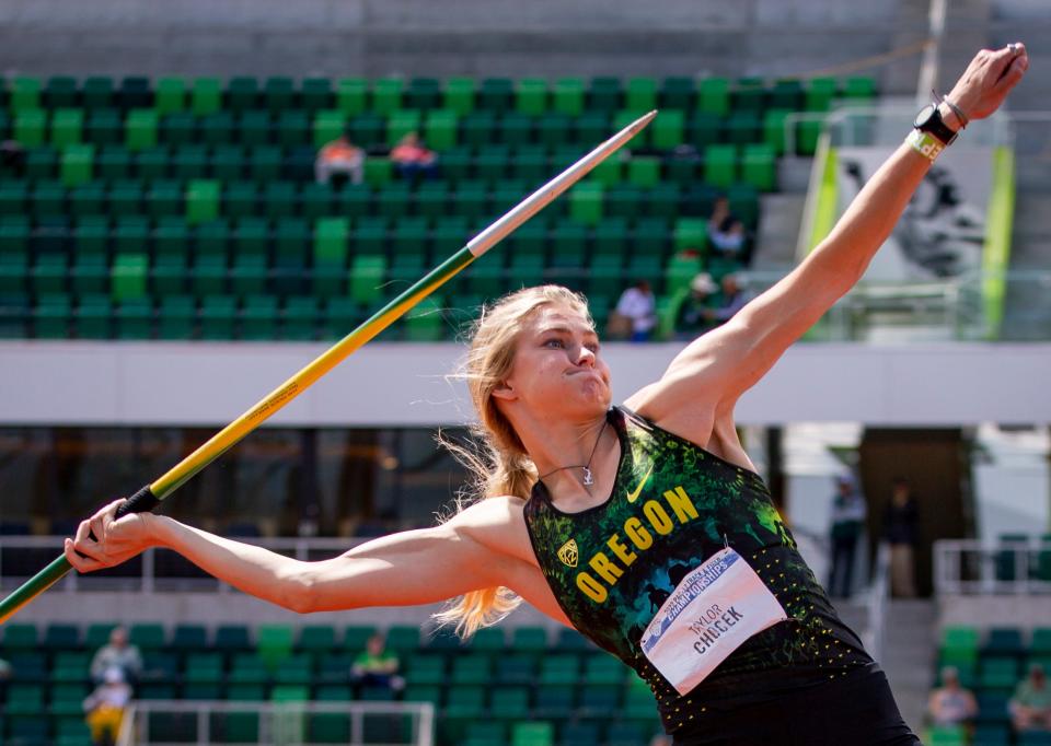 Oregon's Taylor Chocek competes in the women's heptathlon javelin during the Pac-12 Track & Field Championships Saturday, May 14, 2022, at Hayward Field.