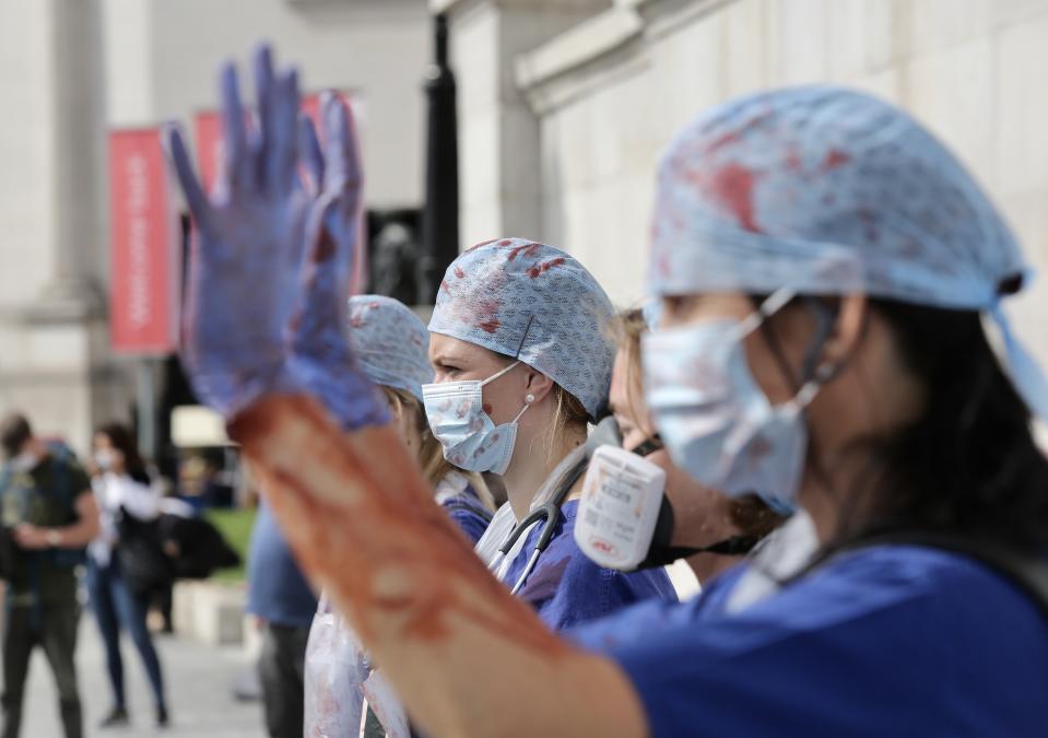 LONDON, UNITED KINGDOM- SEPTEMBER 12: NHS workers attend the 'March for Pay' Demonstration in London, United Kingdom on September 12, 2020. (Photo by Hasan Esen/Anadolu Agency via Getty Images)
