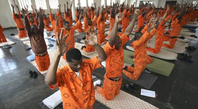 Inmates take part in Prison SMART (Stress Management And Rehabilitation Training) in Krugersdorp, South Africa. Photo: Getty Images