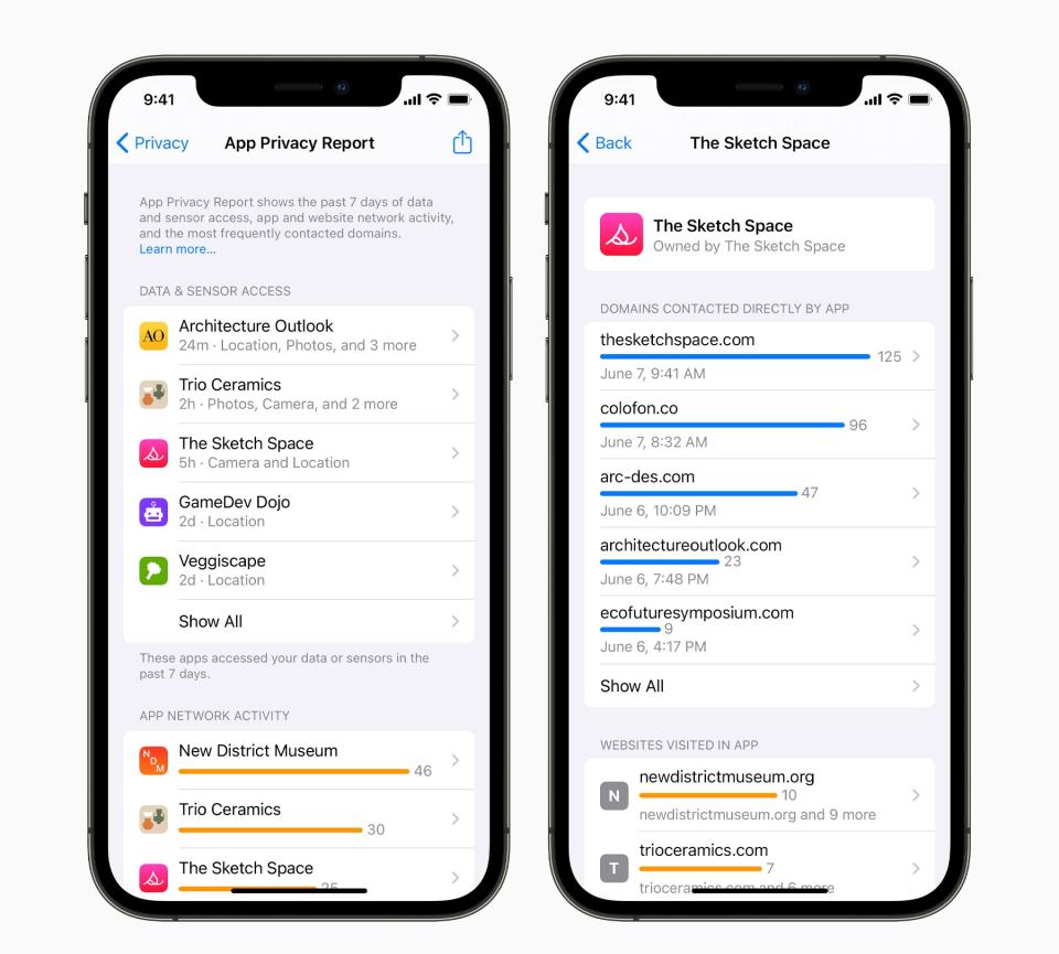 Apple's new App Privacy Report will tell you how often apps are tracking you, and who they share your information with. (Image: Apple)