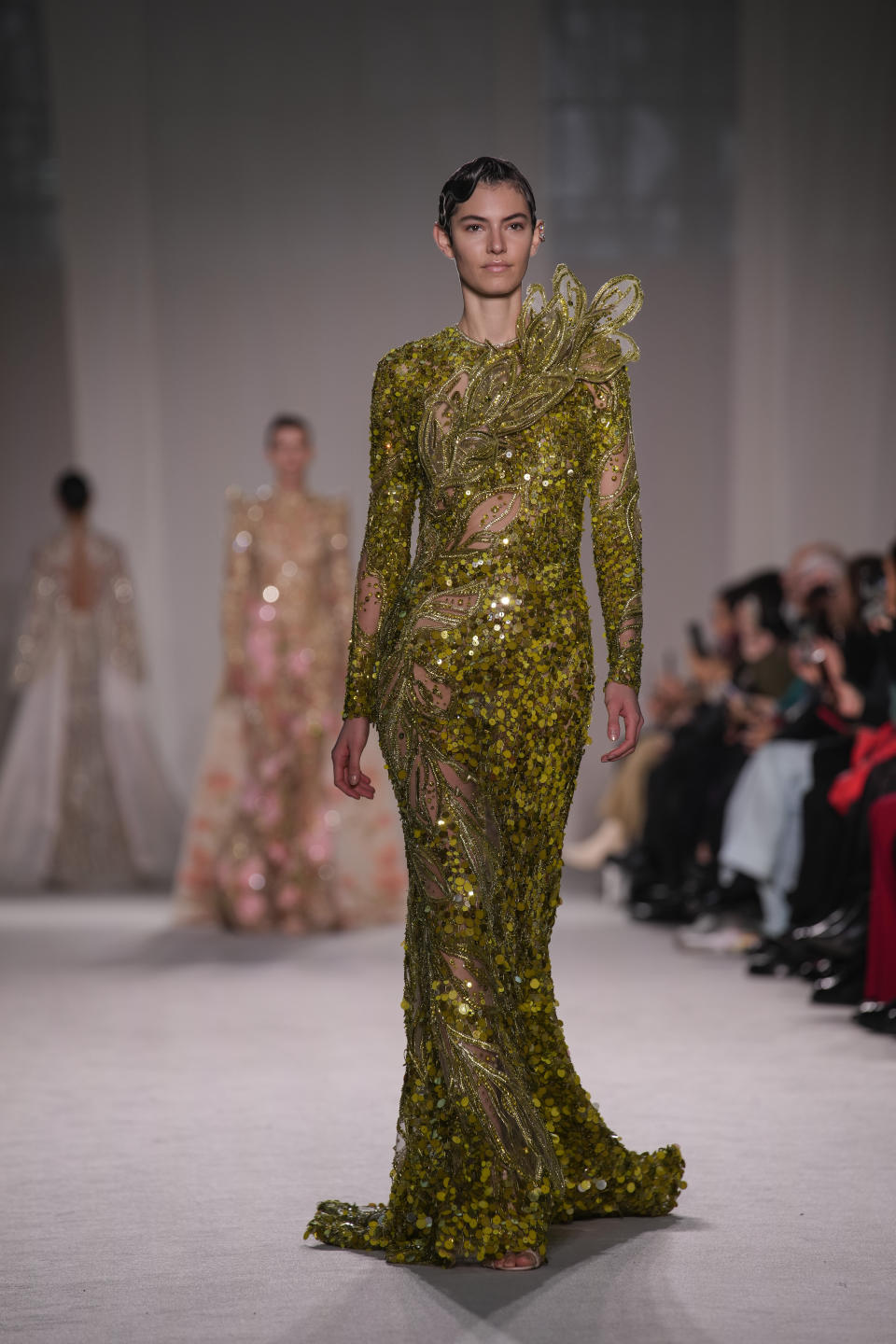 A model wears a creation as part of the Elie Saab Haute Couture Spring-Summer 2023 collection presented in Paris, Wednesday, Jan. 25, 2023. (AP Photo/Christophe Ena)