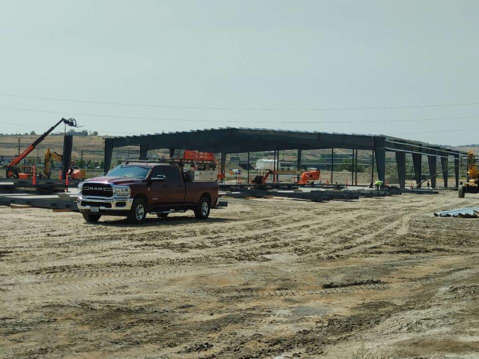 A steel structure is fabricated at the construction site for Amon Creek Mini-Storage, a 17-building storage complex at 101 Reata Road, near Leslie, in south Richland.