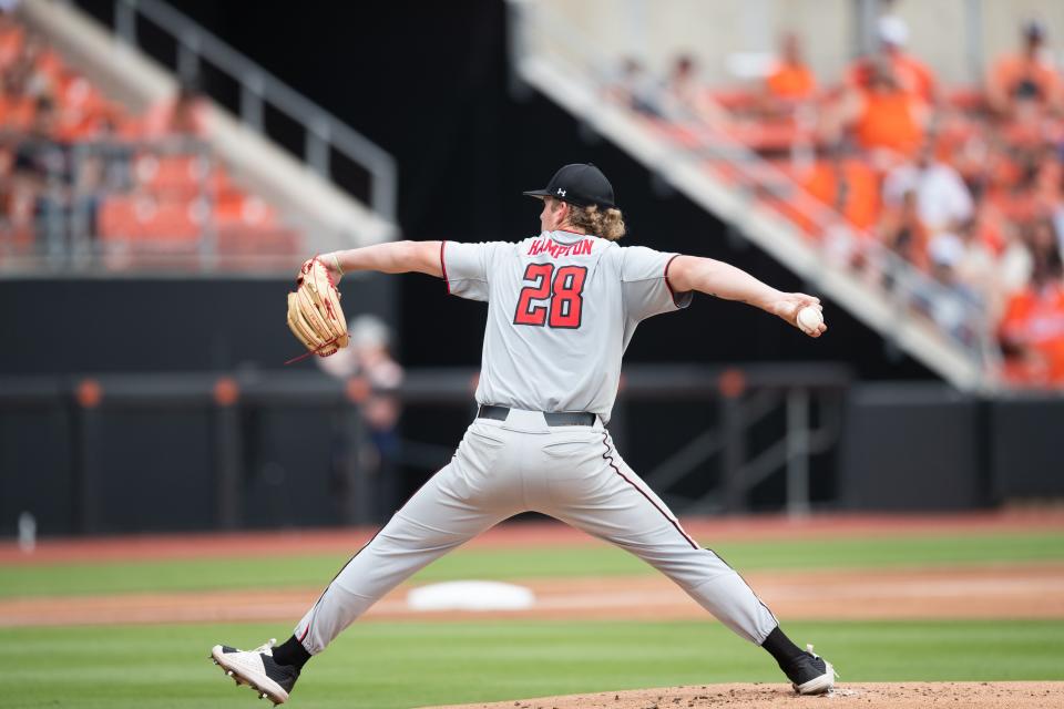 Chase Hampton delivers a pitch during Texas Tech's 6-4 victory Sunday at No. 3 Oklahoma State. The sophomore righthander registered a career-high nine strikeouts and got the win, allowing one run over five innings.