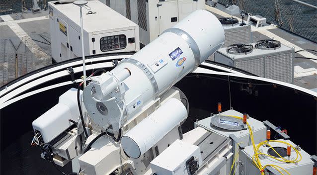 The Laser Weapon System (LaWS) is a technology demonstrator built by the Naval Sea Systems Command from commercial fibre solid state lasers, utilising combination methods developed at the Naval Research Laboratory. Photo: US Navy.