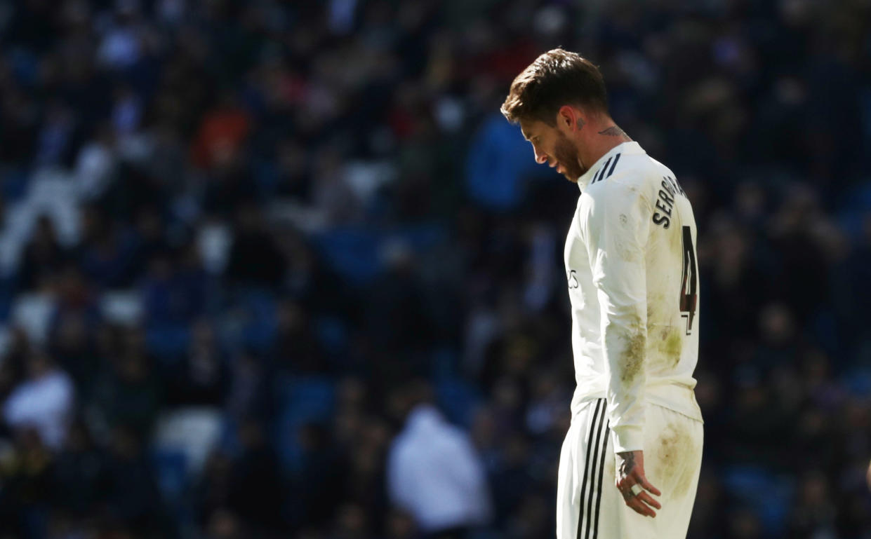 Real Madrid captain Sergio Ramos leaves the pitch after being sent off in their shock 1-2 defeat by Girona in the Spanish Primera Liga on 17 February, 2019. (PHOTO: Reuters/Susana Vera)