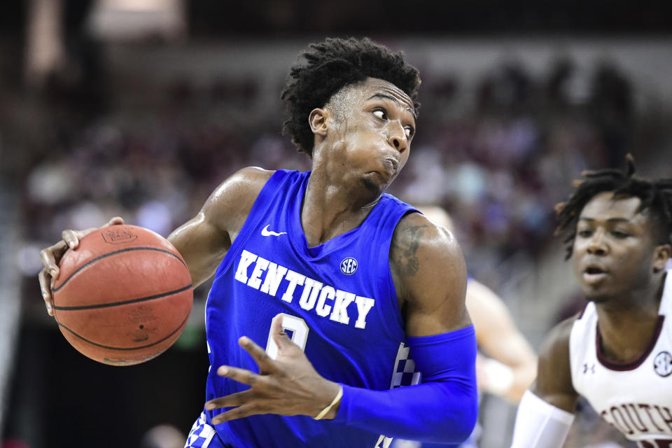 Kentucky guard Ashton Hagans (0) drives to the basket during the first half of the team's NCAA college basketball game against South Carolina on Wednesday, Jan. 15, 2020, in Columbia, S.C. (AP Photo/Sean Rayford)