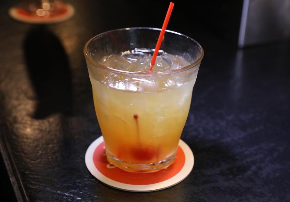 The Midlife Crisis at Bar Bad Ending is a spin on an Old Fashioned featuring bourbon, fruit cocktail syrup and bitters.