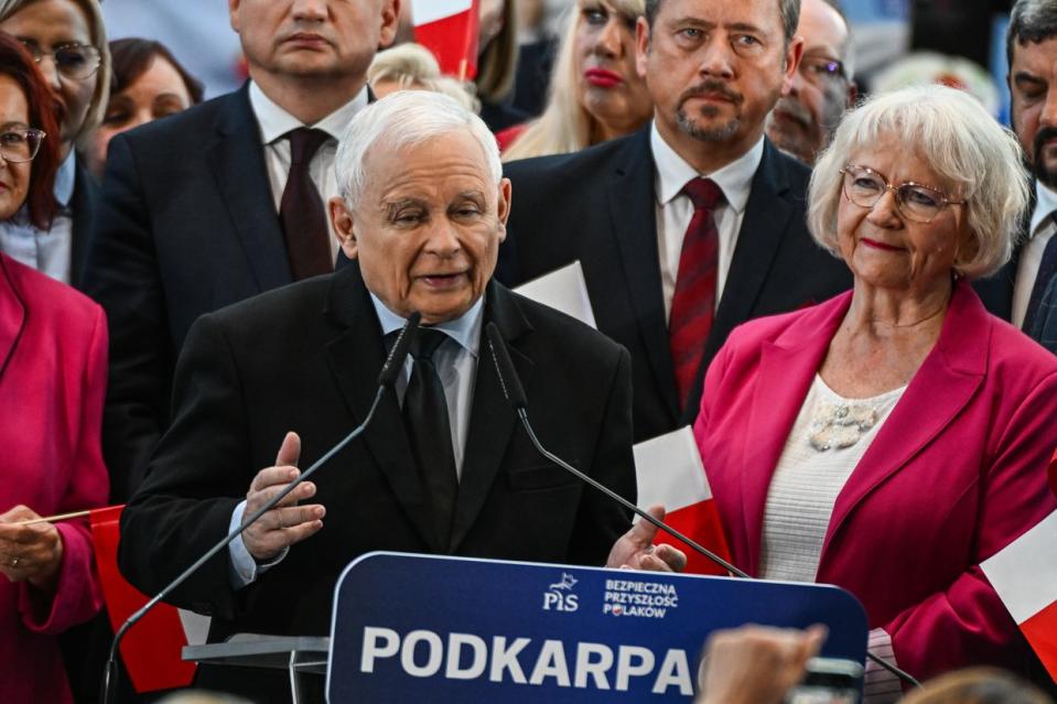 The leader of the right-wing Law and Justice party, Jaroslaw Kaczynski delivers a speech during a campaign convention at the G2A Arena on Oct. 8, 2023, in Rzeszow, Poland. (Photo by Omar Marques/Getty Images)