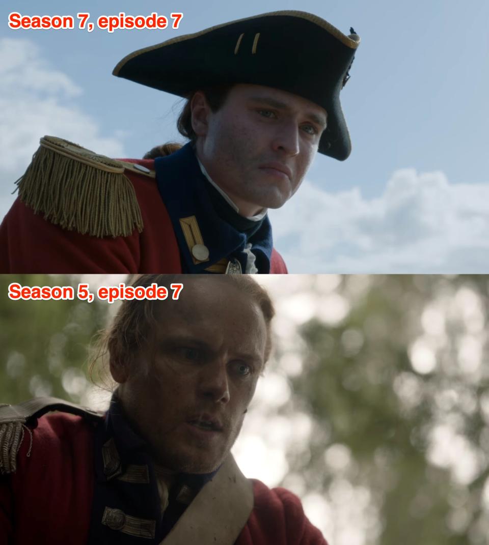 William Ransom (Charles Vandervaart) in "Outlander" season seven, episode seven and Jamie Fraser (Sam Heughan) in season five, episode seven.