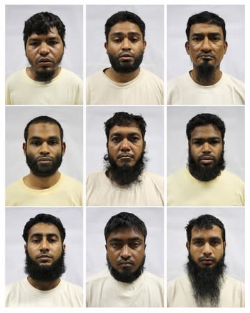 A combination of undated Singapore's Ministry of Home Affairs handout mugshots, distributed on January 20, 2016, of Bangladeshi construction workers who had been arrested between November 16 and December 1, 2015 under the Internal Security Act in Singapore for supporting Islamist groups including al Qaeda and Islamic State. From top L-R: Alam Khurshed, Alam Mahabub, Ali Abdul, (middle row L-R) Ali Md Ashraf, Alim Abdul, Aminur, (bottom row L-R) Golam Jilani Abdur Rouf, Haque Md Mofazzal and Hasan Md Mahmudul. REUTERS/Ministry of Home Affairs/Handout