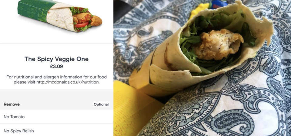 The customer ordered a spicy veggie burrito but was served meat. Source: Facebook