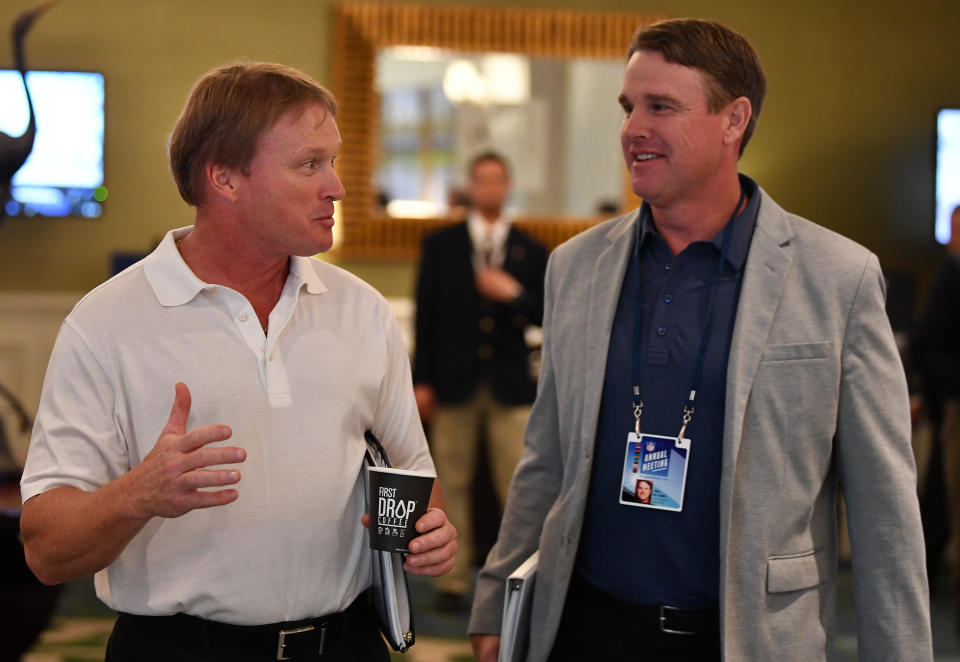 ORLANDO, FL - MARCH 26: Oakland Raiders head coach Jon Gruden and brother and Washington Redskins head coach Jay Gruden attend the 2018 NFL Annual Meetings at the Ritz Carlton Orlando, Great Lakes on March 26, 2018 in Orlando, Florida. (Photo by B51/Mark Brown/Getty Images)