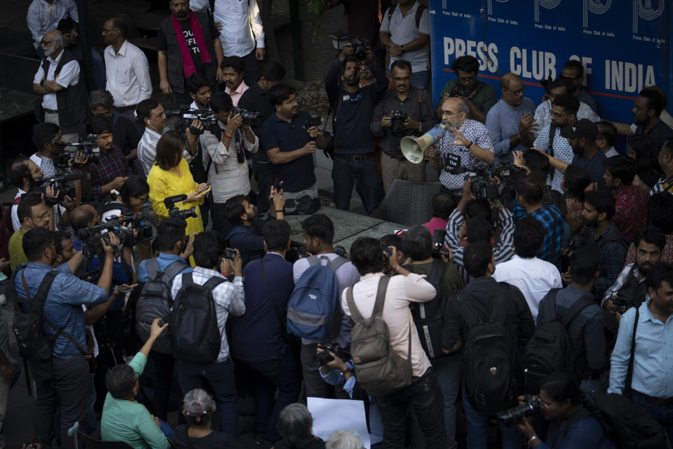 Paranjoy Guha Thakurta, a senior journalist and columnist associated with NewsClick, who was one of the 46 people detained by Delhi police Tuesday, speaks during a protest at press club of India in New Delhi, India, Wednesday, Oct. 4, 2023. Police in New Delhi on Tuesday arrested the editor of a news website and one of its administrators after raiding the homes of journalists working for the site, which has been critical of Prime Minister Narendra Modi and his Hindu nationalist-led government. (AP Photo/Altaf Qadri)