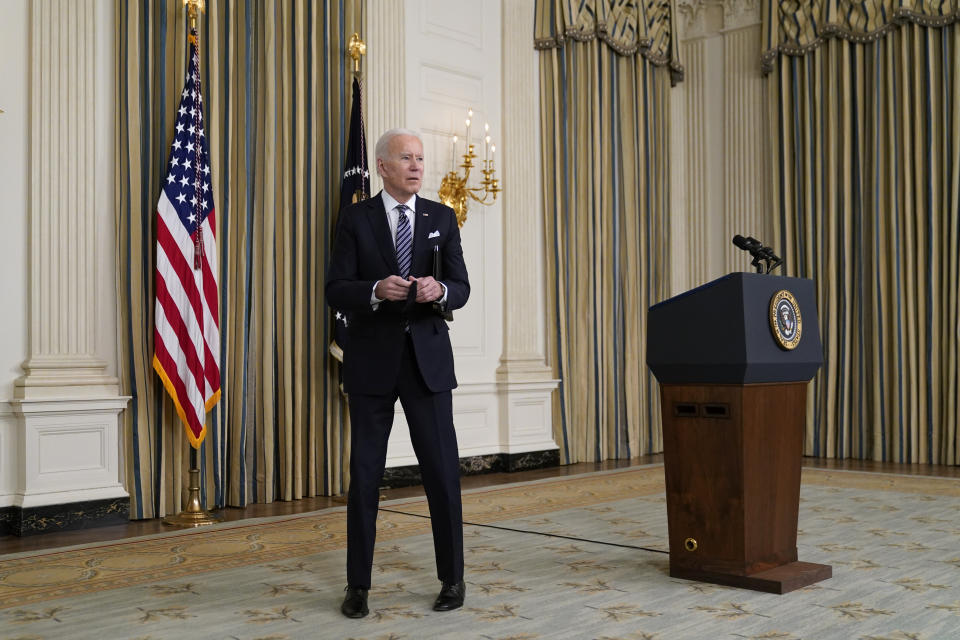 President Joe Biden stops to listen to a reporter's question after speaking about the COVID-19 relief package in the State Dining Room of the White House, Monday, March 15, 2021, in Washington. (AP Photo/Patrick Semansky)