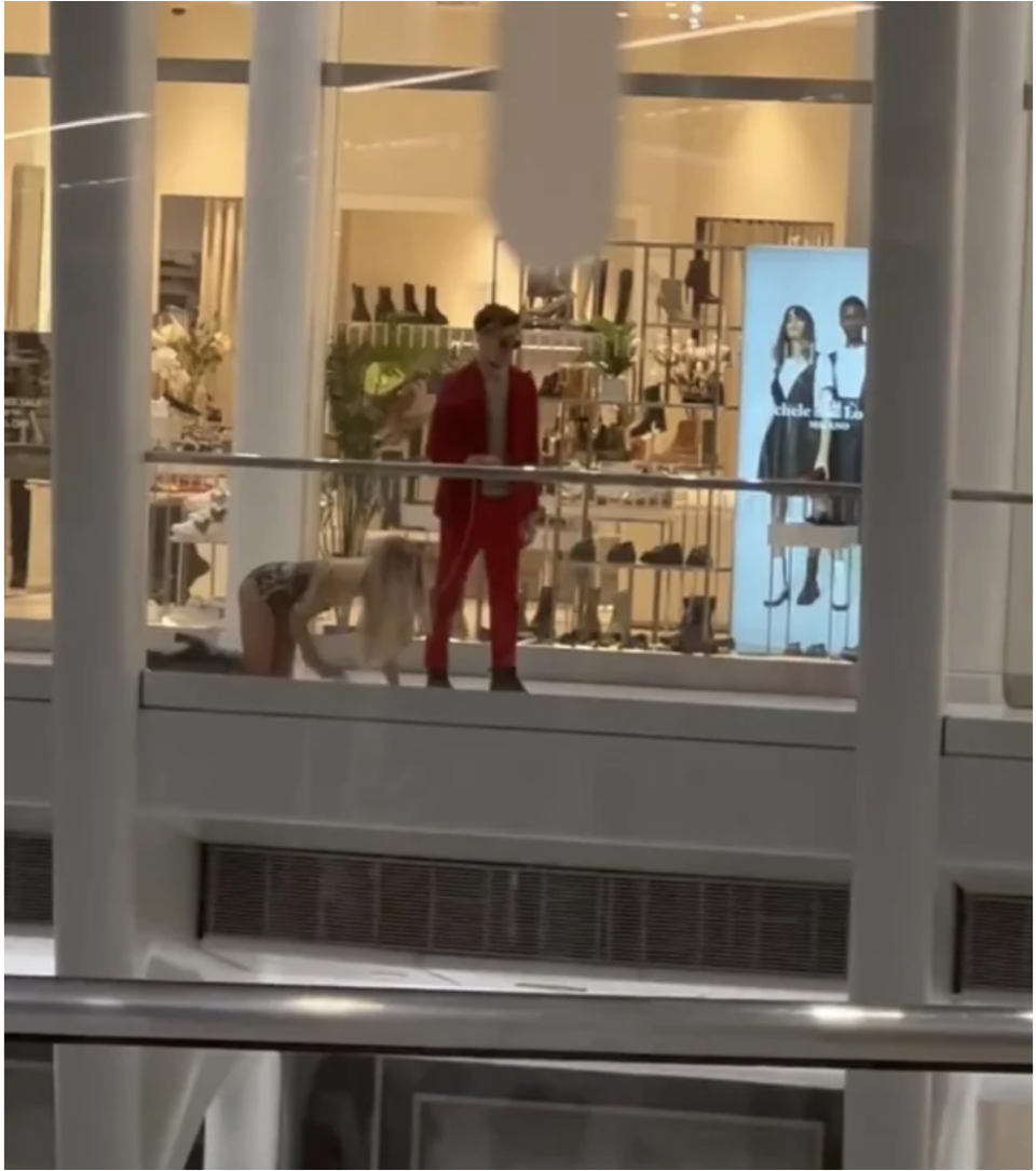 couple in the mall with the woman on her knees and wearing a leash