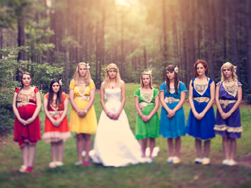 <div class="caption-credit"> Photo by: Three Nails Photography</div>This bride's unconventional wedding has an enchanted forest feel, with her maids in frumpy, rainbow-hued frocks in lieu of more formal gowns. Read More: Real Women Dress for the Weekend