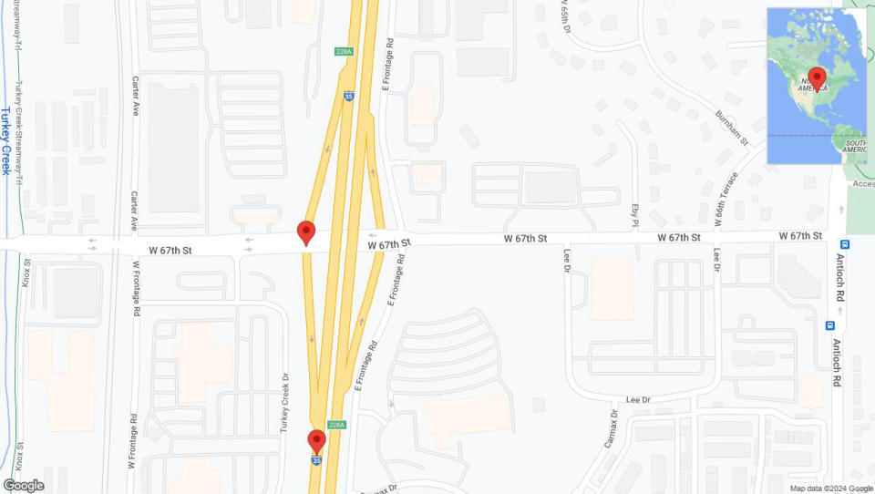 A detailed map that shows the affected road due to 'Shawnee: West 67th Street temporarily closed' on May 16th at 9:31 p.m.