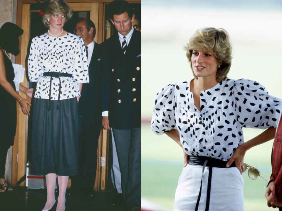 <p>Diana wore this striking top once on the royal tour of Australia in 1983 (<em>left</em>) and again at a polo match (<em>right</em>) that same year.</p>