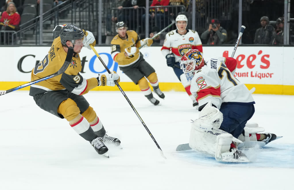  Sergei Bobrovsky #72 of the Florida Panthers makes a save against Jack Eichel #9 of the Vegas Golden Knights during the third period at T-Mobile Arena on January 12, 2023 