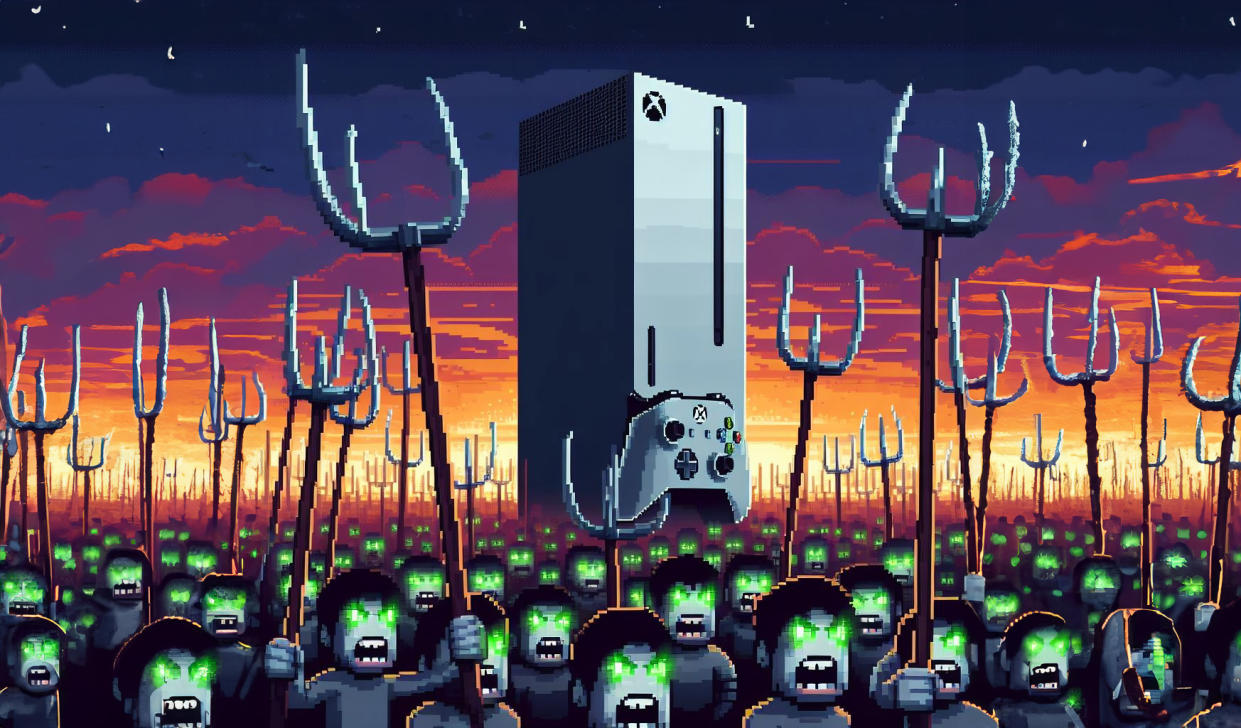  Xbox Series X and pitchfork-armed angry mob. 