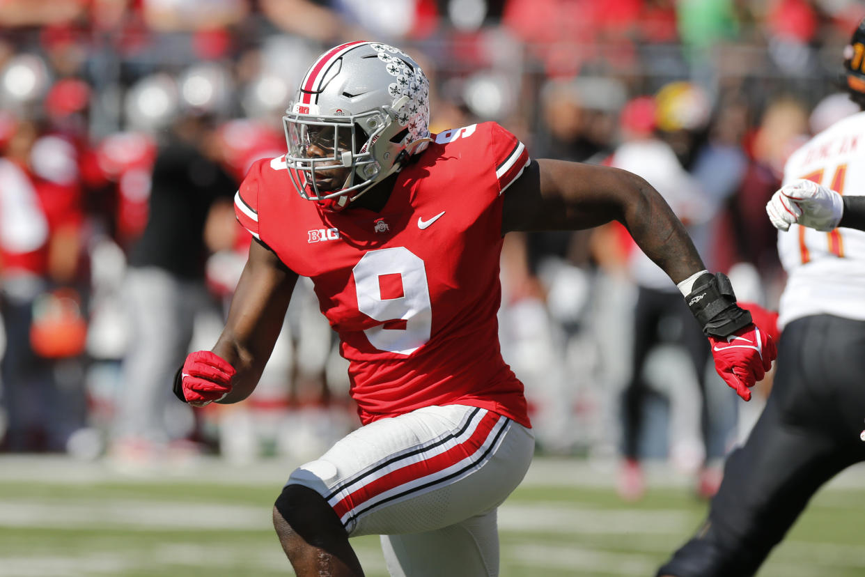 Ohio State defensive lineman Zach Harrison plays against Maryland during an NCAA college football game Saturday, Oct. 9, 2021, in Columbus, Ohio. (AP Photo/Jay LaPrete)