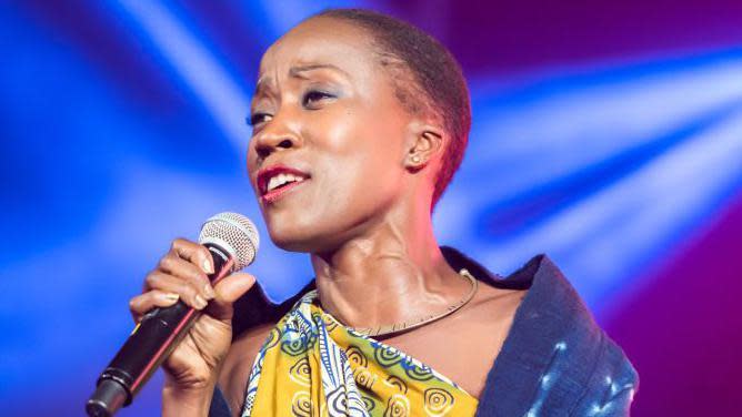 Rokia Traore performs on stage in Africa Express: The Circus, part of Waltham Forest London Borough of Culture 2019 at the Big Top, Wanstead Flats on March 29, 2019 in London, United Kingdom.