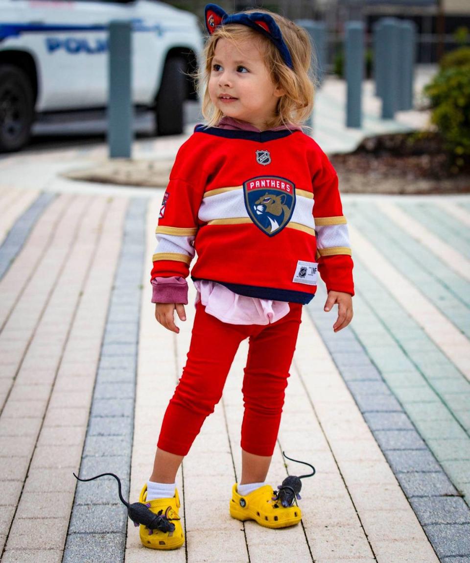 Florida Panthers fan Addison Cotera arrives with her rat decorated crocs at the Amerant Bank Arena.