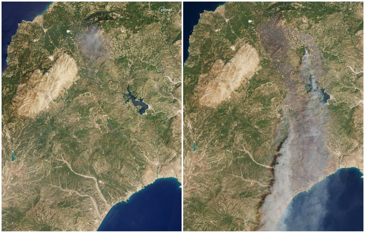 (L) Satellite image from 20 July shows wildfire erupting in Rhodes along with the image taken on 23 July revealing the spread of the fire (Planet Labs PBC)