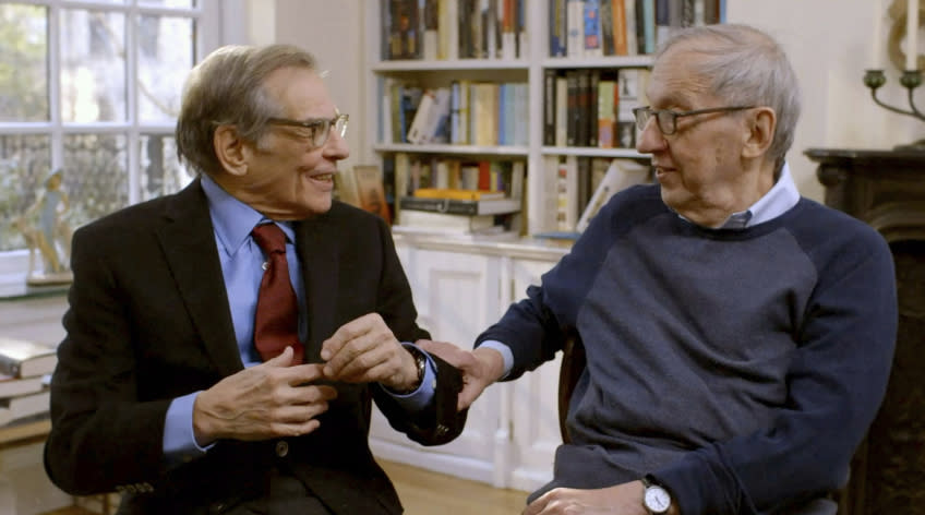 This image released by Sony Pictures Classics shows Robert Caro, left, and Robert Gottlieb in a scene from the documentary "Turn Every Page - The Adventures of Robert Caro and Robert Gottlieb." Gottlieb, the celebrated editor of Caro, Toni Morrison and many others, died Wednesday at age 92.(Claudia Raschke/Wild Surmise Productions, LLC/Sony Pictures Classics via AP)