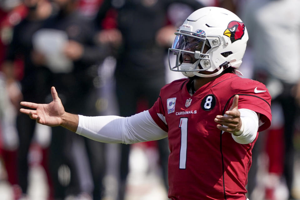 Arizona Cardinals quarterback Kyler Murray gestures during the first half of an NFL football game against the Carolina Panthers Sunday, Oct. 4, 2020, in Charlotte, N.C. (AP Photo/Brian Blanco)