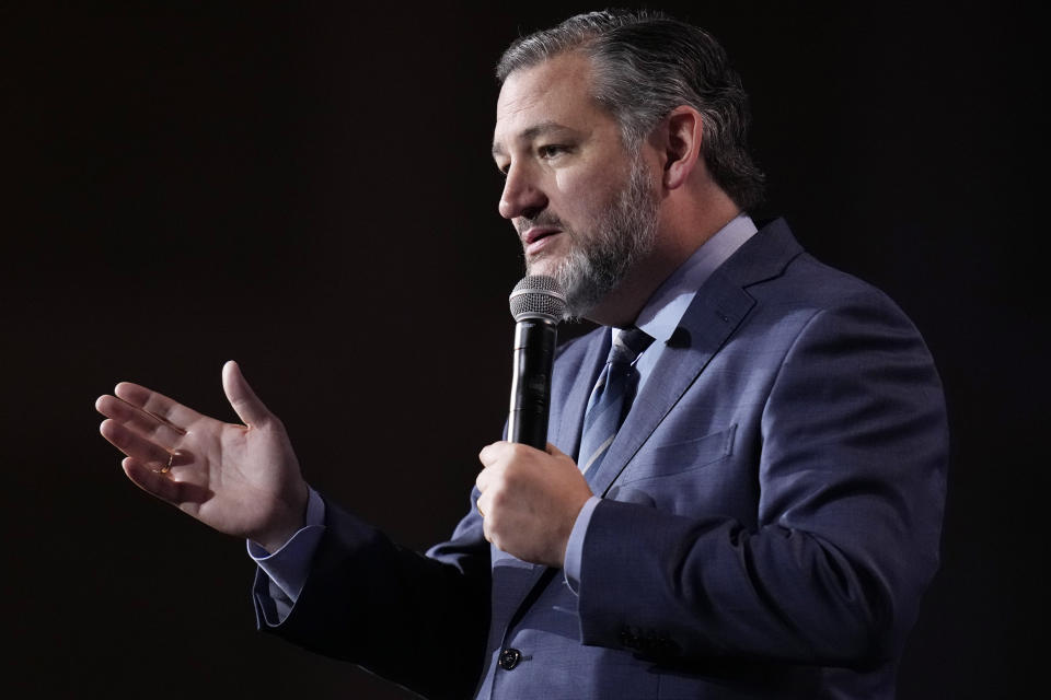 FILE - Sen. Ted Cruz, R-Texas, speaks at an annual leadership meeting of the Republican Jewish Coalition, Nov. 19, 2022, in Las Vegas. A number of high-profile Republican senators will also be up for reelection in 2024, including Ted Cruz of Texas, Josh Hawley of Missouri and Rick Scott of Florida. (AP Photo/John Locher, File)