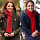 <p>Kate bundled up and repeated a look for her trip to Wales in March 2022. The item in question: a red scarf which made an appearance over 10 years ago on a trip to Canada (and also over Christmas 2012). The best part? The hue of the scarf and the green tone of her coat referenced the Welsh flag—a thoughtful repeat for the royal who tends to shop her own closet. </p>