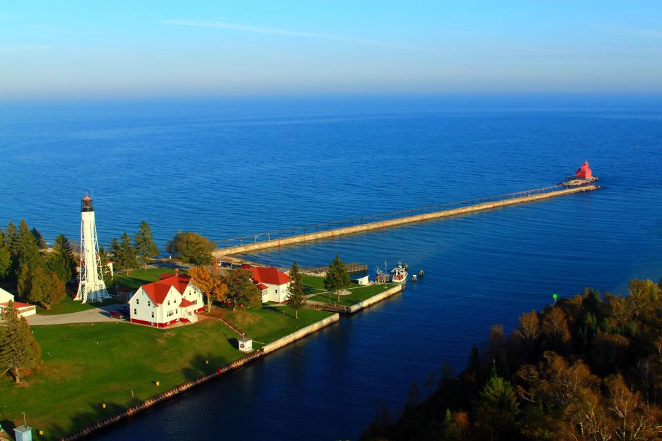 An aerial shot of Sturgeon Bay's Canal Station Lighthouse.