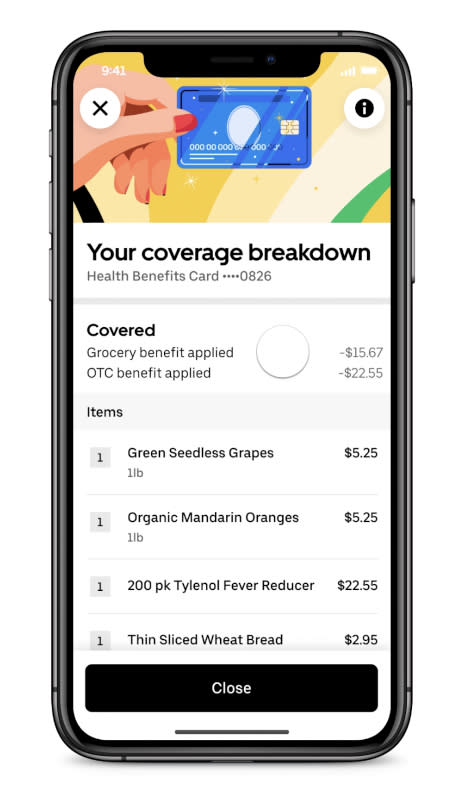 A screen showing the coverage breakdown of an Uber Eats grocery order paid in part using a health benefits card.