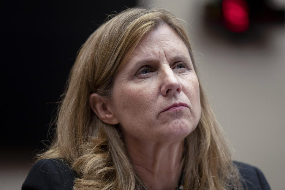 FILE - University of Pennsylvania President Liz Magill listens during a hearing of the House Committee on Education, Dec. 5, 2023, on Capitol Hill in Washington. Late Wednesday night, Dec. 13, Republican lawmakers in Pennsylvania defeated legislation to send more than $35 million to the University of Pennsylvania's veterinary school over criticism that the Ivy League school has tolerated antisemitism, as statehouses around the U.S. eye how higher ed is handling tensions around the Israel-Hamas war. The vote came four days after Magill resigned amid pressure from donors and criticism over testimony at the congressional hearing. (AP Photo/Mark Schiefelbein, File)