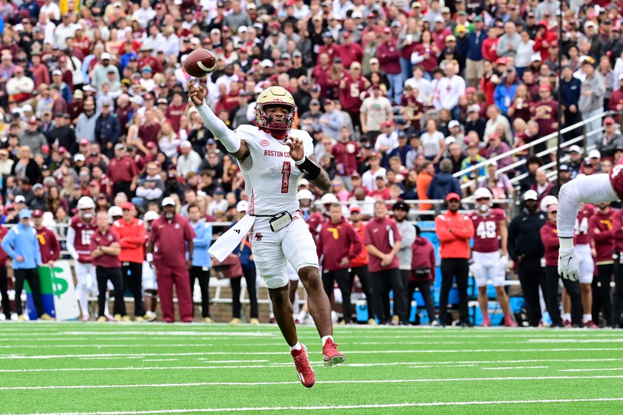 Sep 16, 2023; Chestnut Hill, Massachusetts, USA; Boston College Eagles quarterback Thomas Castellanos (1) throws a pass against the Florida State Seminoles during the first half at Alumni Stadium. Mandatory Credit: Eric Canha-USA TODAY Sports