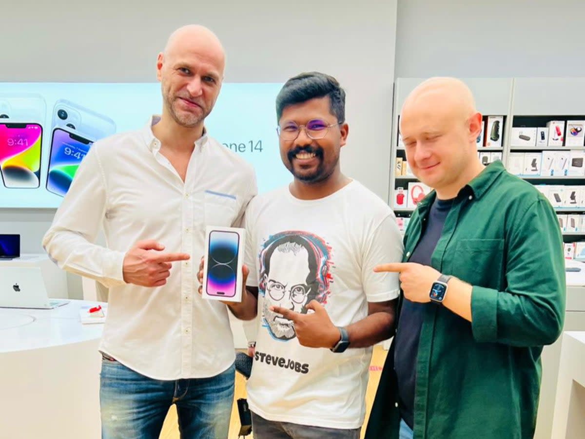 Dheeraj Palliyil with his iPhone 14 at an Apple shop in Dubai (Supplied by Dheeraj Palliyil)