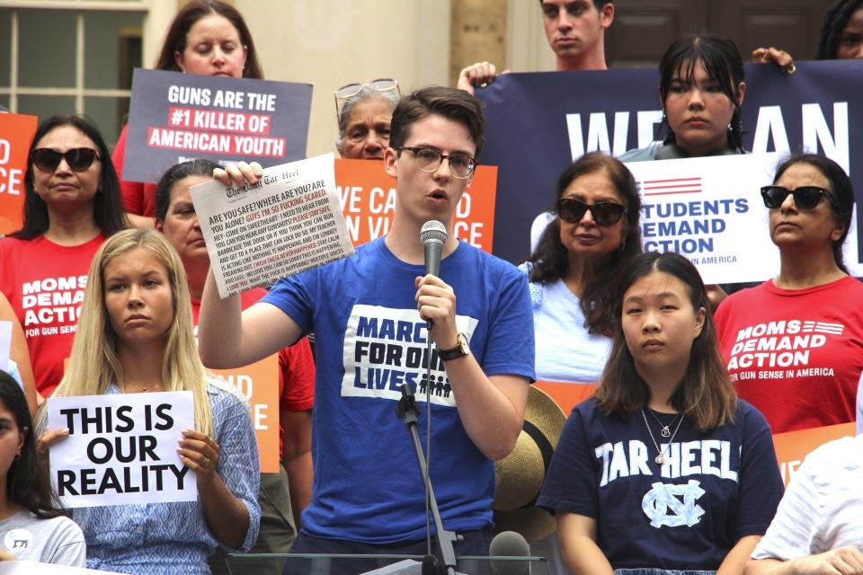 Luke Diasio, vice president of the UNC-Chapel Hill chapter of March For Our Lives speaks at a gun safety rally Wednesday, Aug. 30, 2023, in Chapel Hill, N.C. (AP Photo/Hannah Schoenbaum)