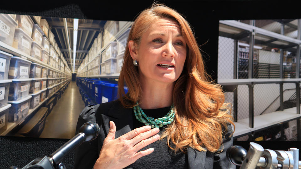 Rep. Melanie Stansbury at a news conference about erasing a backlog in untested rape evidence kits in Albuquerque, New Mexico in April.  (Susan Montoya Bryan/AP)