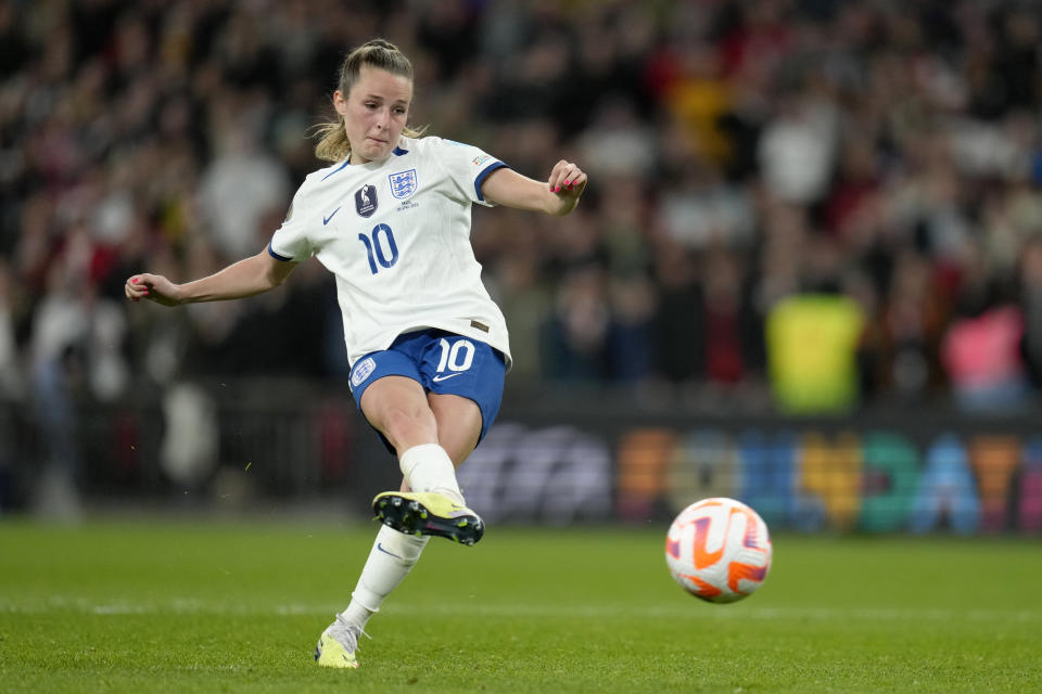 England's Ella Toone fails to score during a penalty shootout at the end of the Women's Finalissima soccer match between England and Brazil at Wembley stadium in London, Thursday, April 6, 2023. (AP Photo/Kirsty Wigglesworth)