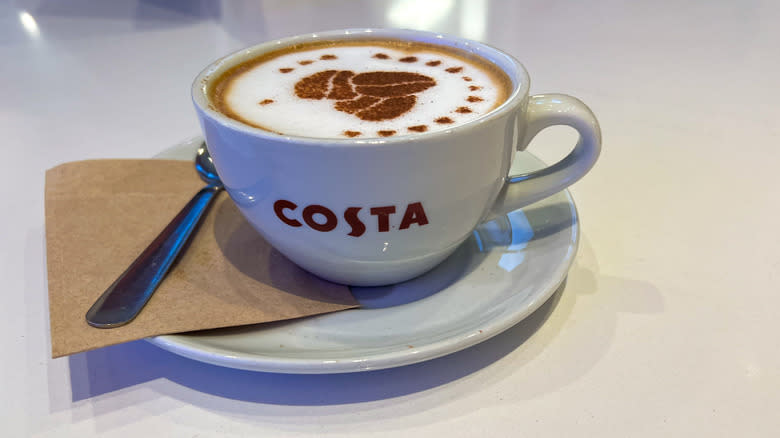 Costa Coffee cappuccino in white mug