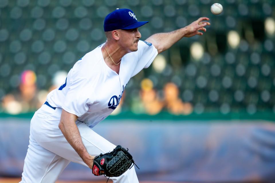 Oklahoma City Dodgers pitcher Bryan Hudson (46) pitches during a Minor League Baseball game between the Oklahoma City Dodgers and the Las Vegas Aviators at Chickasaw Bricktown Ballpark in Oklahoma City on Wednesday, June 21, 2023.