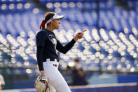 United States' Monica Abbott reacts after a strike out during a softball game against Mexico at the 2020 Summer Olympics, Saturday, July 24, 2021, in Yokohama, Japan. (AP Photo/Matt Slocum)