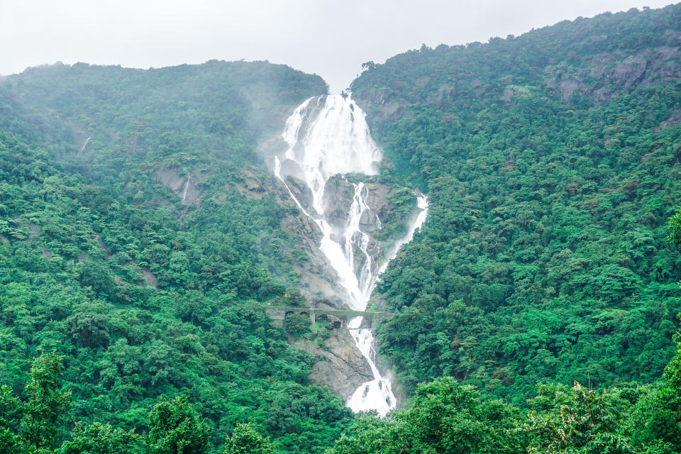 The huge waterfall Dudhsagar and the railway bridge passing through it. Karnataka, India